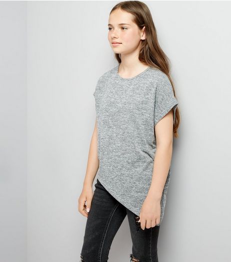 Teens Grey Marl Asymmetric Hem T-Shirt | New Look