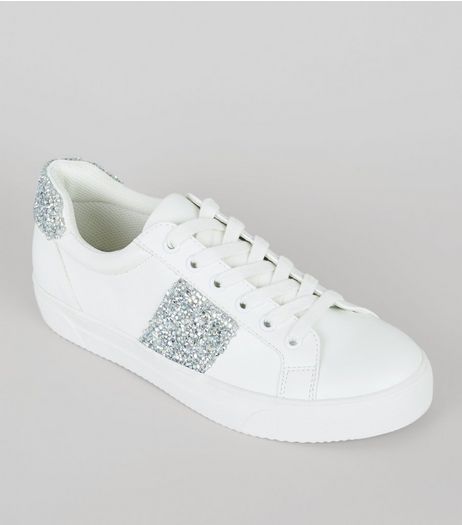 White Diamante Panel Lace Up Trainers | New Look