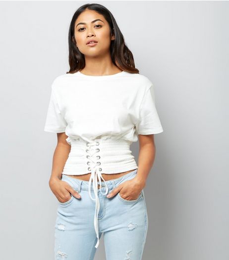 Petite White Shirred Corset T-Shirt | New Look