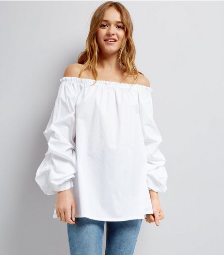 Cameo Rose White Ruched Sleeve Bardot Top | New Look