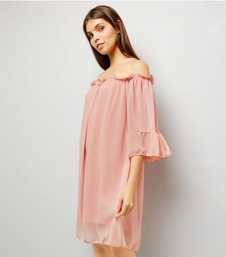 Cameo Rose Shell Pink Chiffon Frill Bardot Neck Dress | New Look
