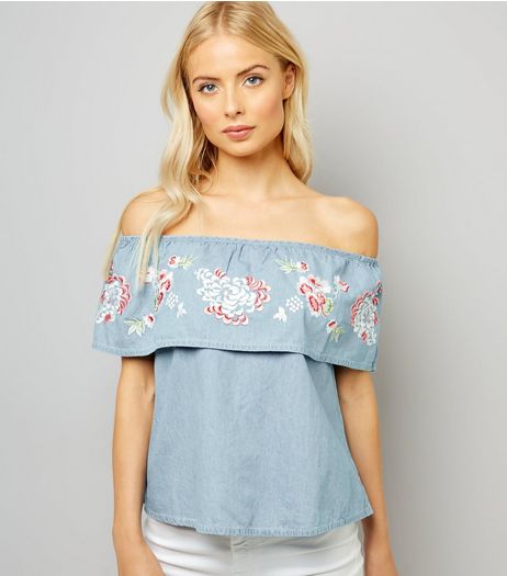 Blue Floral Embroidered Bardot Neck Top | New Look