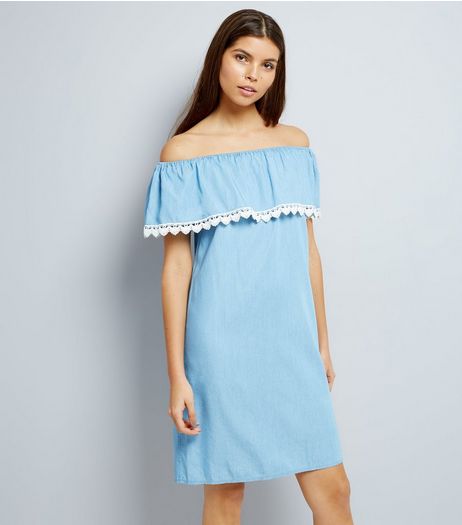 Blue Crochet Trim Bardot Dress | New Look