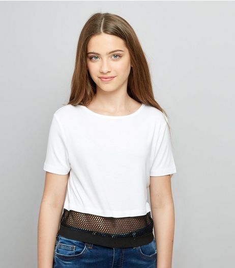 Teens White Contrast Mesh Hem T-Shirt | New Look