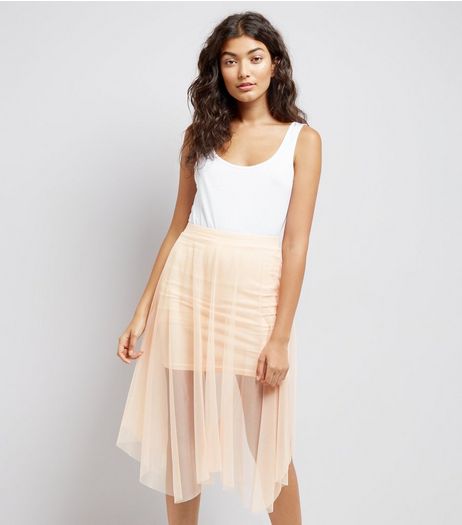 Shell Pink Mesh Hanky Hem Skater Skirt | New Look