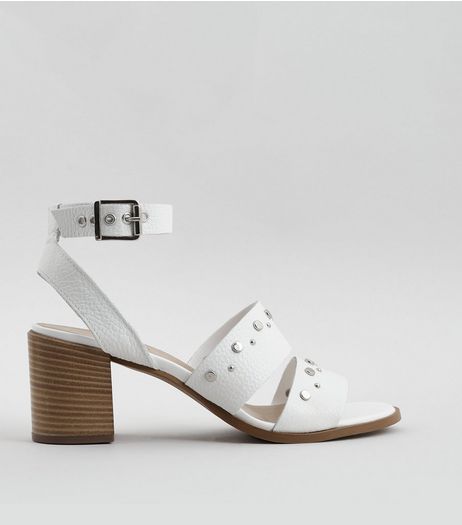 White Leather Stud Block Heel Sandals | New Look