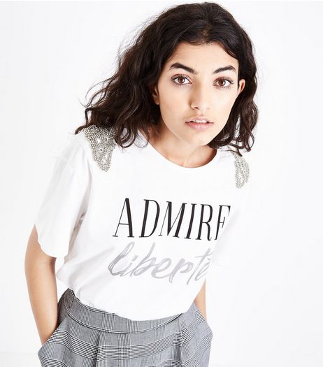 White Slogan Print Embellished Trim T-Shirt | New Look