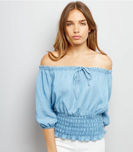 Blue Shirred Waist Bardot Neck Top | New Look