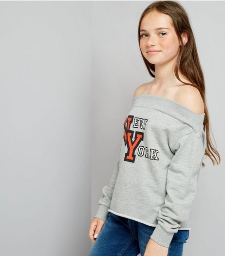 Teens Grey New York Bardot Neck Swearter | New Look