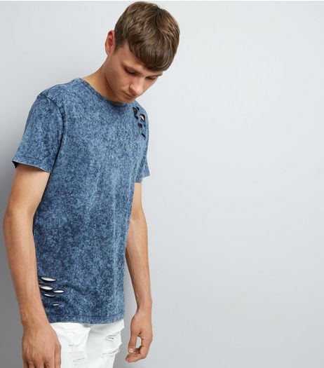 Blue Ripped Acid Wash T-Shirt | New Look