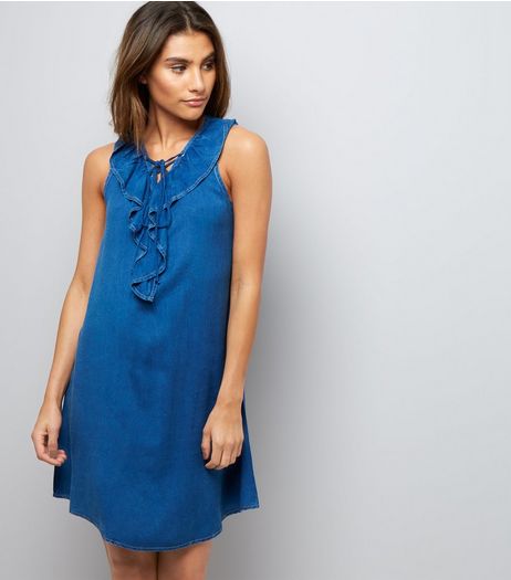 Blue Vanilla Blue Frill Lace Up Front Denim Dress | New Look