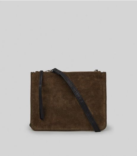 Khaki Leather Zip Top Cross Body Bag | New Look