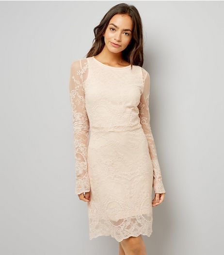 Mela Shell Pink Lace Long Sleeve Dress | New Look