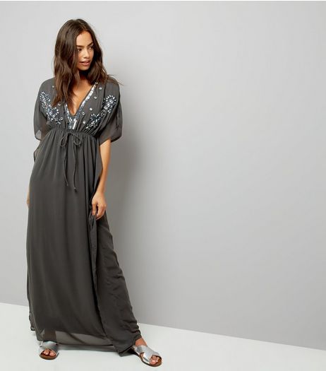 Mela Dark Grey Embellished Kaftan Dress | New Look