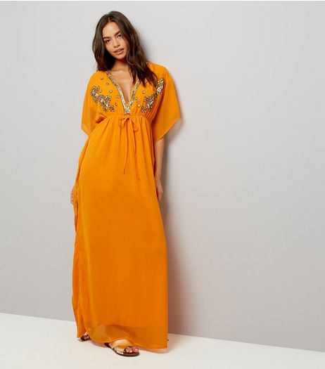 Mela Orange Embellished Kaftan Dress | New Look