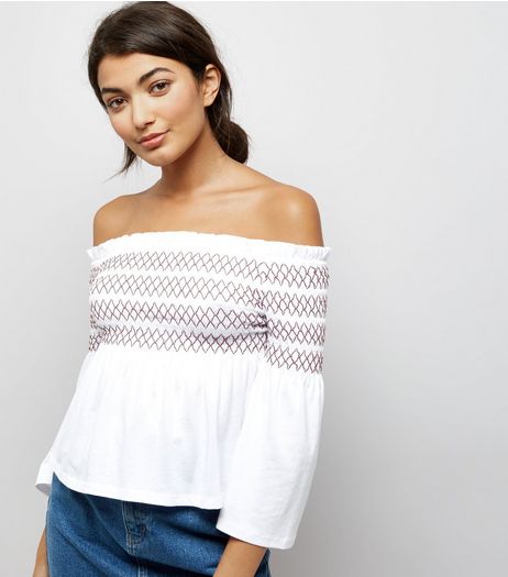 White Contrast Shirred Bardot Neck Top | New Look