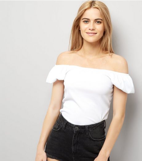 White Puffed Sleeve Bardot Neck Top | New Look
