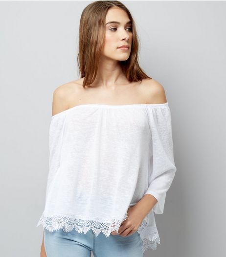 White Crochet Lace Trim Bardot Neck Top | New Look