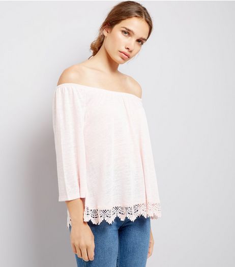 Pink Crochet Lace Trim Bardot Neck Top | New Look