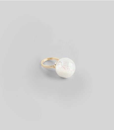 White Glitter Ball Ring | New Look