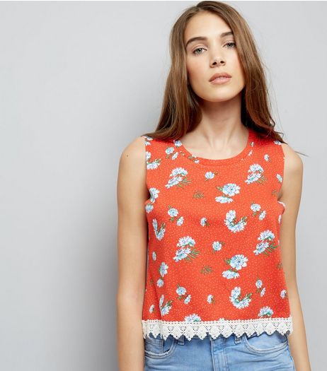 Red Floral Print Lace Trim Cropped Vest | New Look