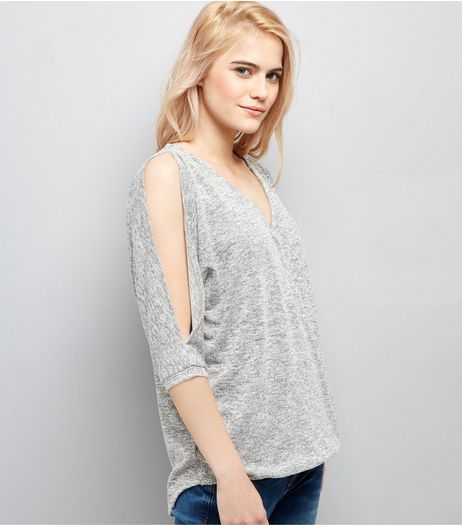 Grey V Neck Cold Shoulder Top | New Look