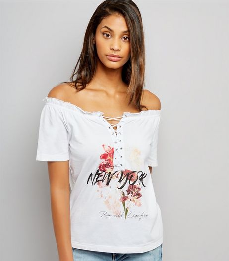 White New York Print Lace Up Bardot Neck Top | New Look