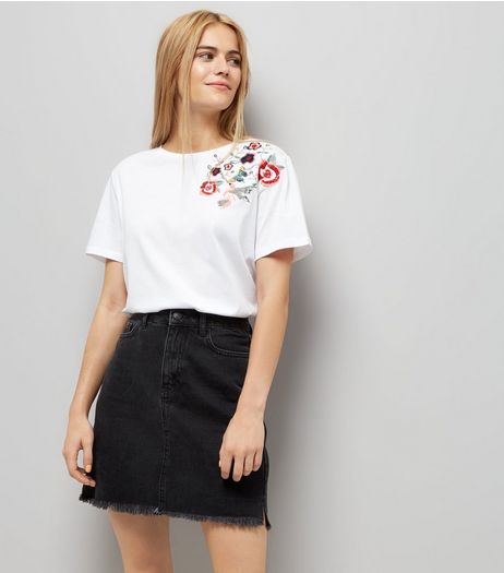 White Floral Bird Embroidered T-Shirt | New Look