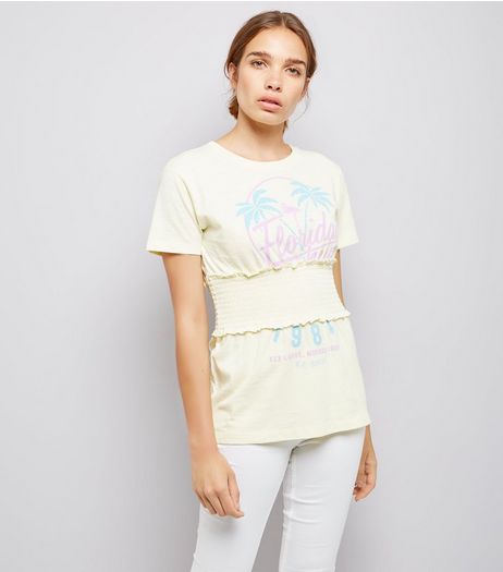 Pale Yellow Florida Print Shirred Waist T-Shirt | New Look