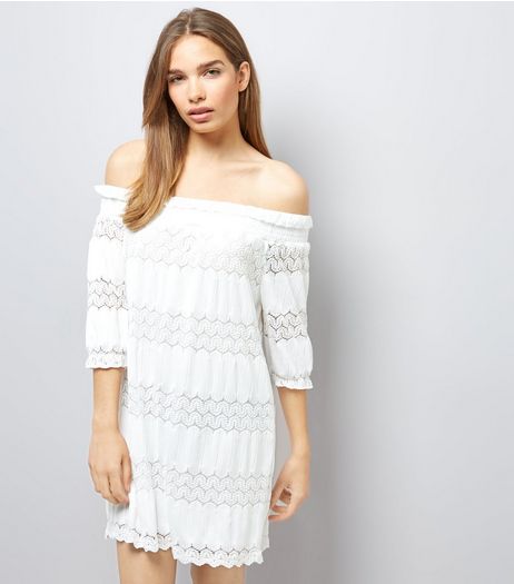 White Lace Panel Bardot Dress | New Look