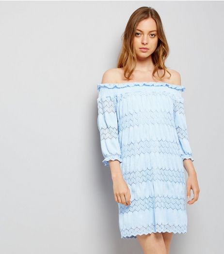 Pale Blue Lace Panel Bardot Dress | New Look
