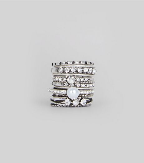 12 Pack Silver Diamante Pearl Rings | New Look