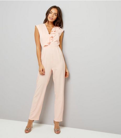 Mela Shell Pink V Neck Frill Trim Jumpsuit | New Look