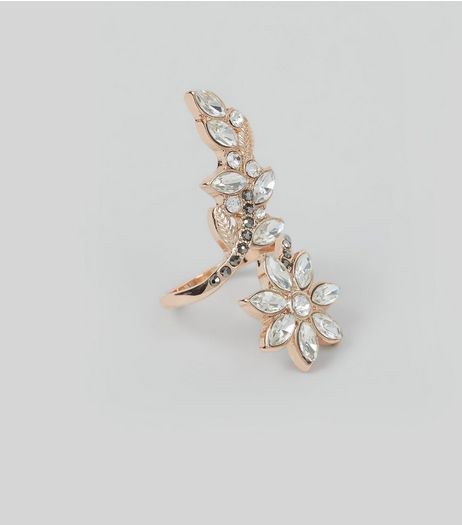 Rose Gold Crystal Embellished Leaf Wrap Ring | New Look