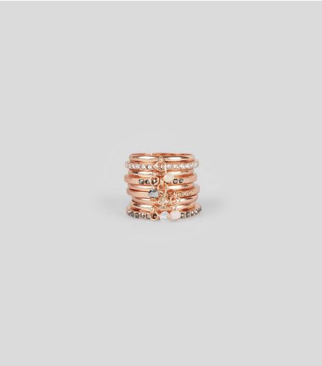 Rose Gold Crystal Charm Ring Stack | New Look