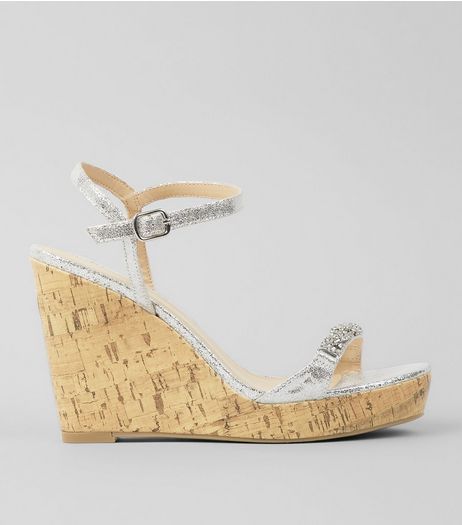 Silver Metallic Embellished Cork Wedge Heels | New Look