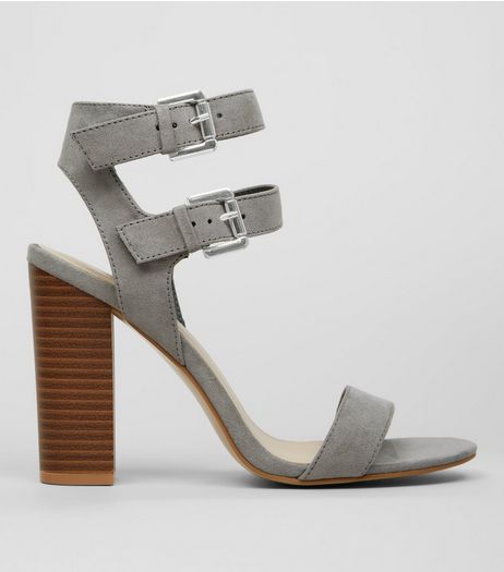 Grey Suedette Double Buckle Heeled Sandals | New Look