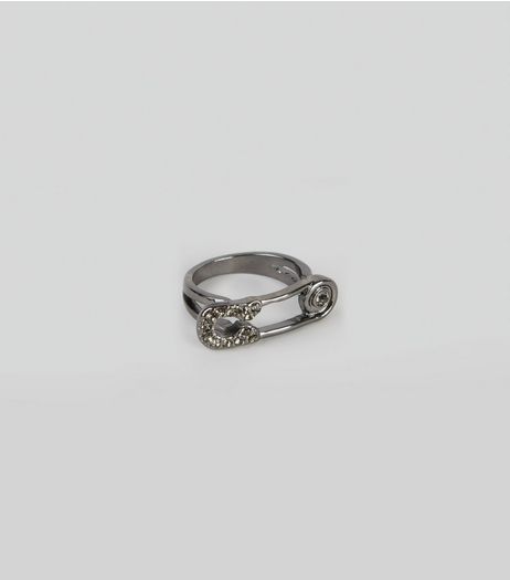 Silver Diamante Safety Pin Ring | New Look