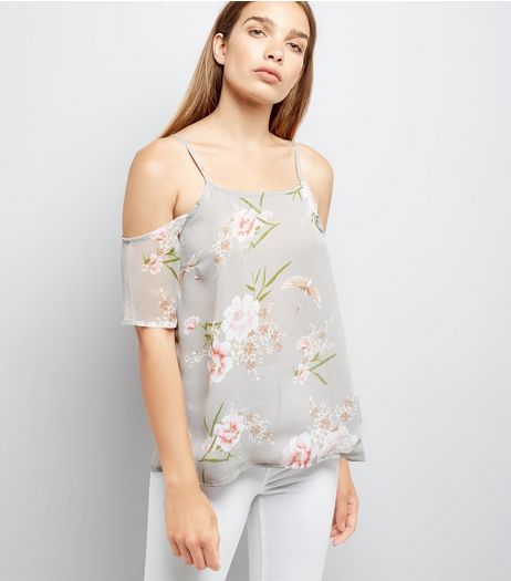 Pale Grey Floral Print Chiffon Cold Shoulder Top | New Look