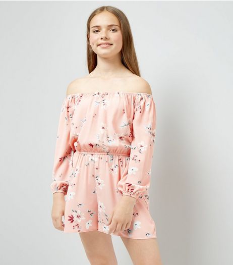 Teens Orange Floral Print Bardot Neck Playsuit | New Look