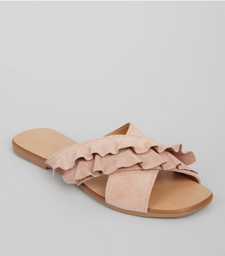 Wide Fit Pink Suede Frill Strap Mules | New Look
