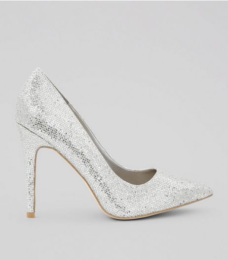 Wide Fit Silver Glitter Pointed Court Heels | New Look