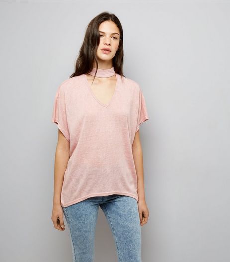 Blue Vanilla Shell Pink Stud Trim Choker Neck Top | New Look