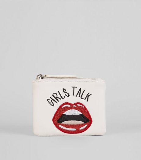 White Embroidered Glitter Lips Slogan Zip Top Purse | New Look