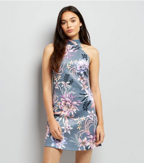 Blue Vanilla Grey Floral Print Halter Neck Dress | New Look