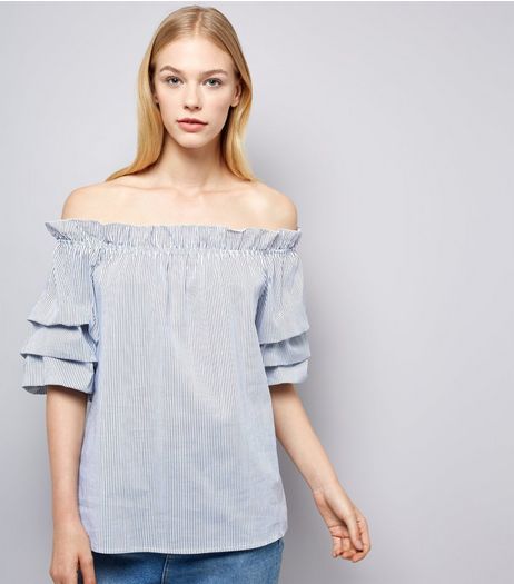 Cameo Rose Blue Stripe Frill Trim Bardot Top | New Look