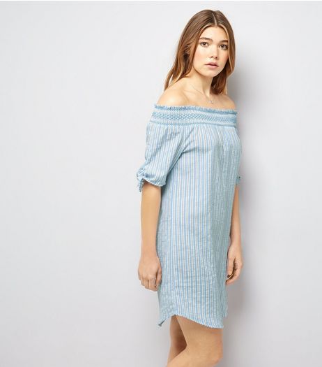 Cameo Rose Blue Stripe Bardot Neck Dress | New Look
