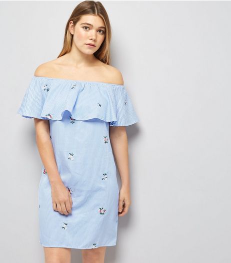 Cameo Rose Blue Stripe Embroidered Bardot Dress | New Look