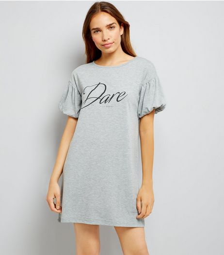 Pale Grey Dare Print Puffed Sleeve Dress | New Look