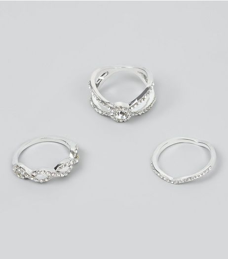 3 Pack Silver Diamante Rings | New Look